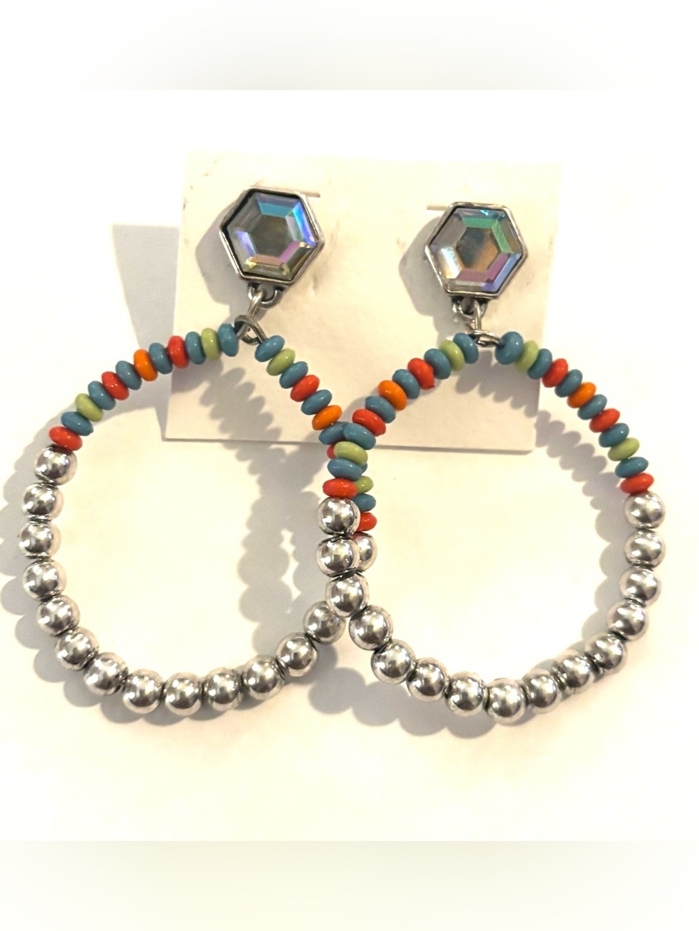 Fashion Jewelry Multicolor Beaded Hoop Earrings with Silver Accents